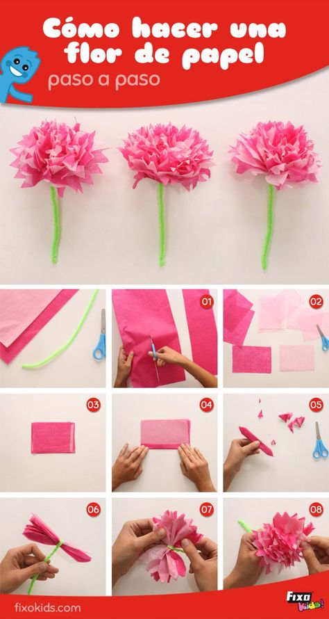 como-hacer-flores-de-papel-fixokids Paper Flowers Diy Wedding, Diy Gifts Paper, Paper Flowers Wedding Bouquet, Gift Tissue Paper, Fleurs Diy, Craft Flowers, Paper Flowers Wedding, Paper Flower Crafts, Paper Bouquet