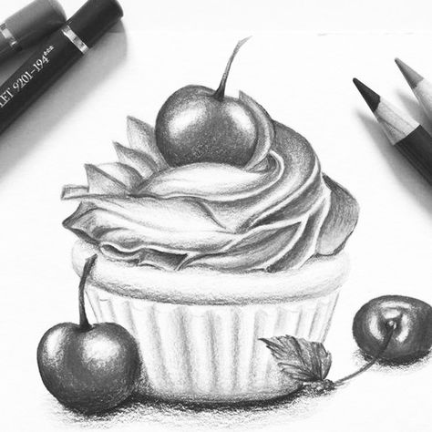 Drawing Of A Cupcake, Cupcake Sketch, Cupcakes Sketch, Realistic Dessert Drawing, Oil Pastel Cupcake Drawing, Realistic Cupcake Drawing, Cupcake Tattoos, Drawing Basics, Drawings Inspo