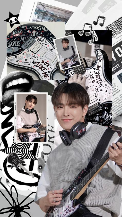 #music #wallpaper #lockscreen #scrapbook #aesthetic #rock #rockstar #blackandwhite #black #white #kpop #kpopboygroup #boygroup #ateez #hongjoong #kimhongjoong #ateezhongjoong #guitar Hoong Joong And Seonghwa, Hongjoong Wallpaper, Scrapbook Aesthetic, Aesthetic Rock, Ateez Hongjoong, Aesthetic Desktop Wallpaper, Phone Wallpaper Images, Kim Hongjoong, Music Wallpaper