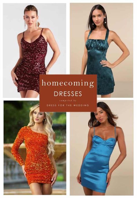 Collage of 4 images of homecoming mini dresses in red, green, blue and orange Home Coming Dresses 2024 Blue, Home Coming Dresses 2024 Red, Homecoming Mini Dress, Sequin Dress With Beaded Straps For Homecoming, Elegant Homecoming Mini Dress With Beaded Straps, Homecoming 2024, Colorful Homecoming Dresses, Homecoming V-neck Embellished Dress, Best Homecoming Dresses