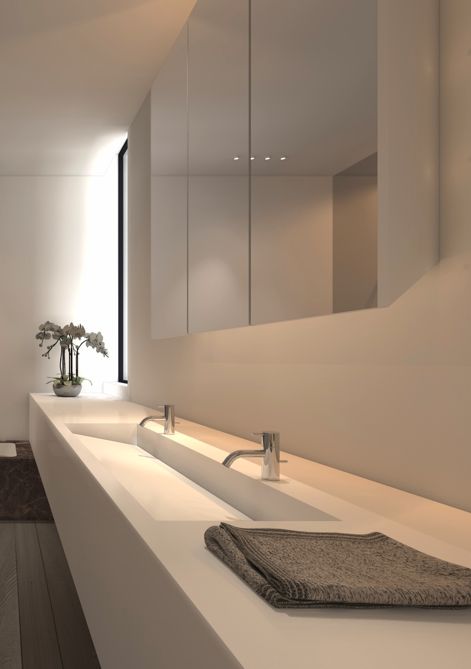 Bathroom Linear Lighting, Solid Surface Sink Bathroom, Architect Bathroom, Large Bathroom Sink, Sinks Bathroom, 3d Interior Design, Sink Bathroom, Minimalist Bathroom, Interior Architect