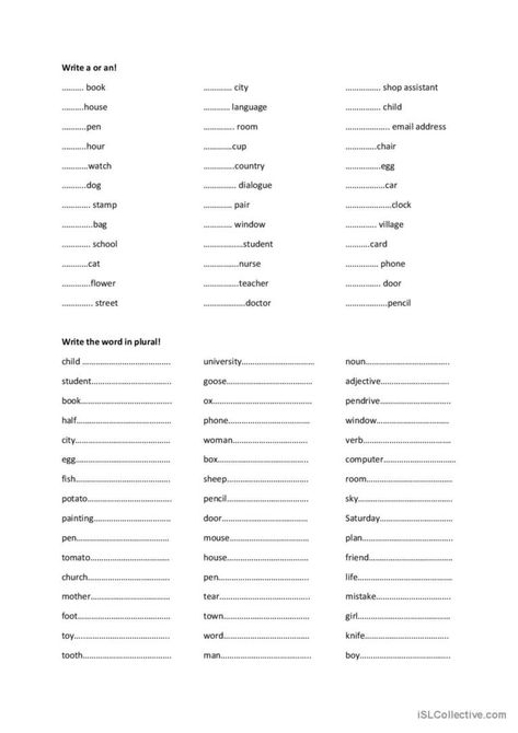 It is a grammar worksheet. Students can practise indefinite article and the regular and irregular plural forms of nouns in English. There are two exersises with instructions for each. Irregular Nouns Worksheets, Regular And Irregular Plural Nouns, Irregular Plural Nouns Worksheet, Nouns In English, Irregular Nouns, Plural Nouns Worksheet, Plurals Worksheets, Articles Worksheet, Irregular Plural Nouns