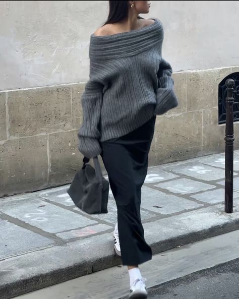 Adidas Samba Outfit, Striped Maxi Skirt, Samba Outfit, Maxi Skirt Outfits, Off The Shoulder Sweater, Striped Maxi Skirts, Effortlessly Chic Outfits, Monochrome Fashion, Off Shoulder Sweater