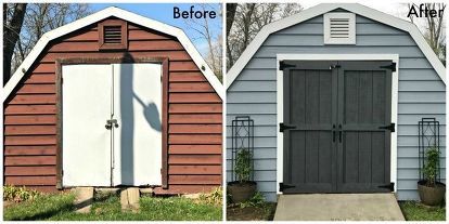 When we bought our house a year and a half ago, we knew that we had a lot of work ahead of us. We have a little ranch style house that sits on about 1.5 acres. You may even remember THIS post about the time we repainted our house, which was quite an undertaking! Well, this spring we wanted again to tackle another eyesore on the property and create a little area to sit by the front of the house and watch the kids play. Our kids like to color with chalk and play with the neighbors, but w… Farmhouse Shed, Garden Shed Makeover, Farmhouse Sheds, Barn Style Shed, Shed Landscaping, Building A Storage Shed, Shed Makeover, Building A Barn Door, Shed Doors