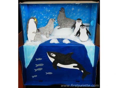 Habitat Or Ecosystem Diorama Pinguin Illustration, Penguins Project, Ocean Diorama, Arctic Habitat, Diorama Kids, Shoe Box Crafts, Antarctic Animals, Habitats Projects, Polar Animals