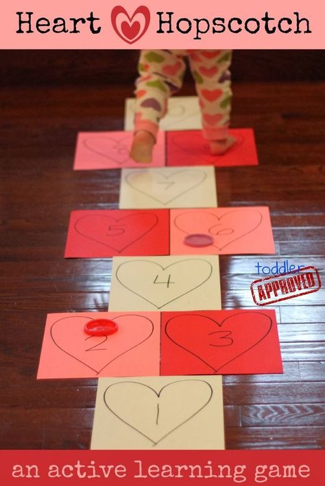 A great February activity for toddlers! Heart Hopscotch! A great way to work on gross motor skills and numbers! Preschool Valentines Activities, February Crafts, Valentines Games, Valentinstag Party, Valentine's Day Crafts For Kids, Preschool Valentines, Valentine's Day Games, Valentine's Week, Valentine Activities