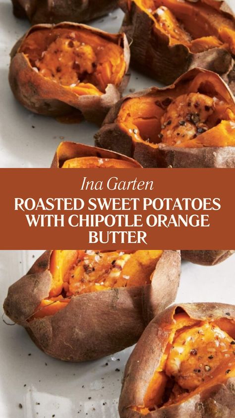 Ina Garten Roasted Sweet Potatoes With Chipotle Orange Butter Ina Garten Sweet Potato Recipes, Orange Sweet Potato Recipes, Roasted Sweet Potato Recipes, Orange Butter Recipe, Chipotle Butter, Orange Butter, Sweet Potatoes Recipe, Keto Thanksgiving, Orange Sweet Potatoes