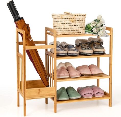 COSTWAY 4-Tier Bamboo Shoe Rack with Umbrella Holder, Freestanding Wooden Shoe Shelf Storage Stand, Home Hallway Entryway Shoes Organiser Unit : Amazon.co.uk: Home & Kitchen 4 Tier Shoe Rack, Space Saving Shoe Rack, 4 Tier Shelf, Bamboo Storage, Bamboo Shoe Rack, Shoe Rack Bench, Entryway Organizer, Shoe Rack Entryway, Shoe Rack Organization