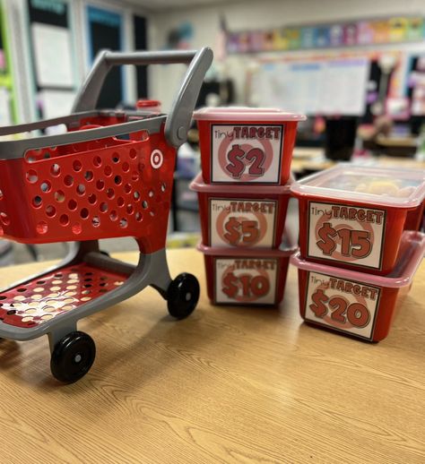 Classroom Target Store, Classroom Reward Store, Target Classroom, Classroom Store Ideas Elementary, Classroom Money Storage, Class Store Ideas Elementary, Classroom Store Rewards, Tiny Classroom, School Store Ideas Elementary