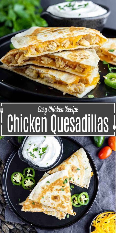 These easy chicken quesadillas are buttery, toasted flour tortillas packed full of grilled chicken and perfectly melted cheese. Chicken quesadillas are grilled in a skillet to make the perfect comfort food. It's an easy lunch or dinner recipes that kids and adults will love. They are a simple Cinco de Mayo dinner recipe! Best Quesadillas, Toasted Flour, Easy Chicken Quesadillas, Chicken Quesadillas Recipe, Quesadilla Recipes Easy, Easy Chicken Dinner, Chicken Quesadilla Recipe, Chicken And Cheese, Yum Recipes