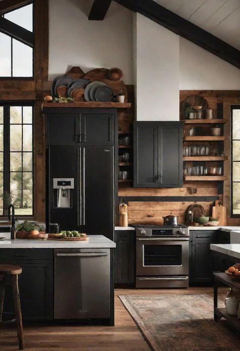 33 Modern Farmhouse Kitchen Ideas: Blending Rustic Charm with Contemporary Design 12 Black Western Kitchen, Black Farmhouse Kitchen, Milford Pa, Hornet Nest, Modern Farmhouse Kitchen Ideas, Brown Kitchen Ideas, Dark Industrial, Industrial Farmhouse Kitchen, Kitchen Design Black