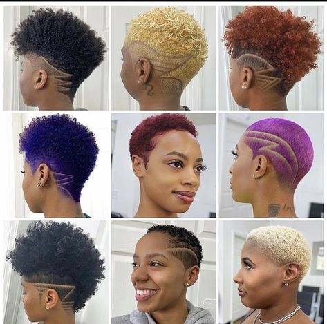 A selection of 40 stunning tapered haircuts for Black women on different natural hair textures. Black Women Fades With Designs, Simple Haircut Designs For Women Black, Afro Fade Haircut Women, Short Tinted Hair For Black Women, Black Women Short Haircut Fade Designs, Short Hair Designs For Black Women, Taper Fade Curly Hair Black Women, Taper Fade Haircut Women Black Design, Shaved Hair Styles For Black Women