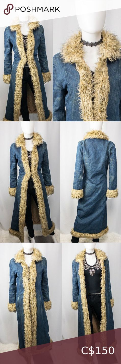 Vintage Y2K denim Penny Lane maxi full-length duster coat fur trim Fur Trim Coat Y2k, Denim Penny Lane Coat, Afghan Coat, Penny Lane Coat, Lookbook Inspiration, Fur Trim Coat, Trench Coat Outfit, Denim Trench Coat, Coat Fur