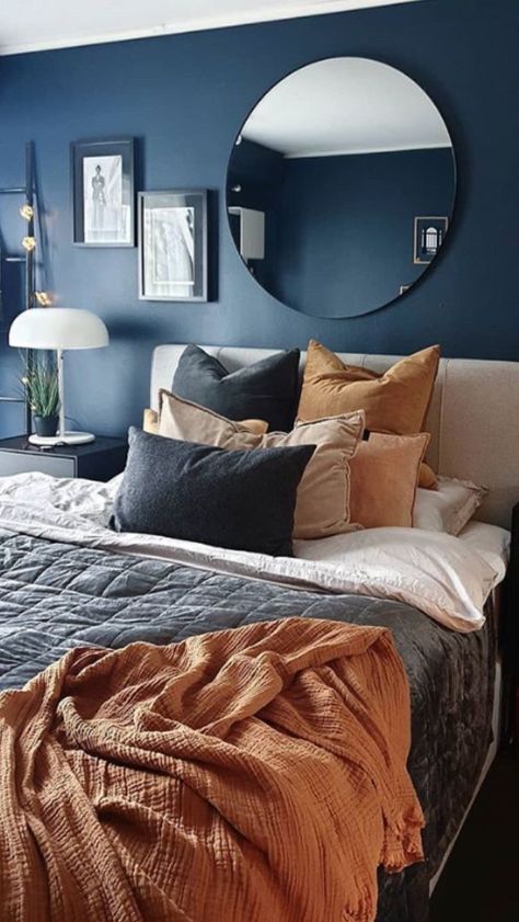 Navy Blue Bed Bedroom Ideas, Navy Blue And Orange Bedroom, Blue Comforter Bedroom, Dark Blue Rooms, Navy Bedrooms, Blue Bedroom Walls, Dark Blue Bedrooms, Navy Blue Bedrooms, Cozy Bedrooms