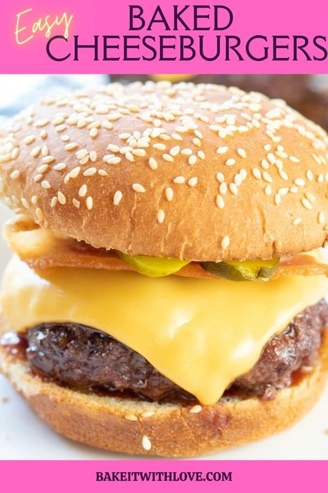 Closeup on the assembled baked cheeseburger with melted American cheese and favorite burger toppings. Cheeseburger In Oven, Baked Hamburger Patties Oven, Baked Hamburger Patties, Baked Cheeseburgers, Oven Baked Burgers, Oven Burgers, Baked Hamburgers, Baked Burgers, Beef Ideas