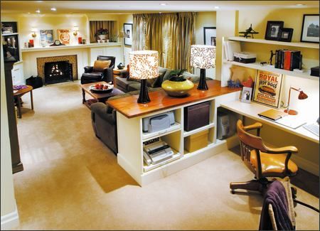 I need an office space that divides a family room and dining room. this one has got the right idea! Living Room Office Combo, Pine Paneling, Basement Office, Basement Layout, Basement Inspiration, Basement Family Room, Basement Bedrooms, Divine Design, Craft Room Office