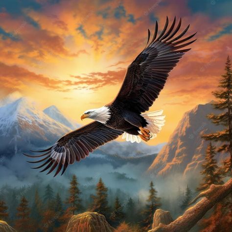 Premium Photo | Painting of a bald eagle soaring over a mountain range at sunset generative ai Eagle Background, Cross Stitch Patterns Printable, Eagle Soaring, Eagle Painting, Embroidery Crafts, Eagle Pictures, Eagle Tattoos, Eagle Art, Eagle Tattoo