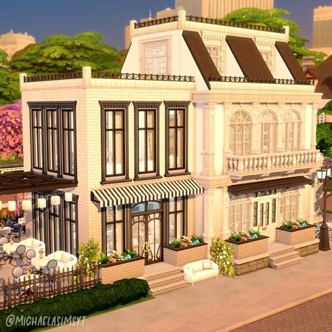 Sims 4 New Crest Ideas, Sims 4 Parisian Restaurant, Apartment On Top Of Shop, Cafe And Apartment Exterior, Sims 4 Shops Ideas, Sims Shop Ideas, Sims 4 University House, Parisian Sims 4, Sims4 Cafe Build