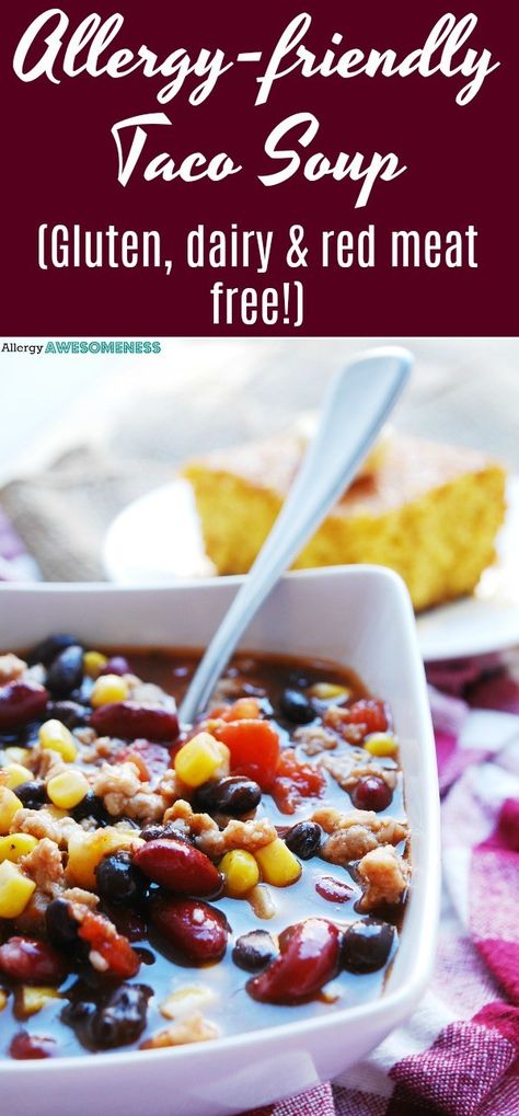 gluten and dairy free taco soup recipe Dairy Free Tacos, Gluten Free Taco Seasoning, Alpha Gal, Gluten Free Tacos, Dairy Free Soup, Taco Soup Recipe, Healthy Sweet Snacks, Lactose Free Diet, Meat Free Recipes