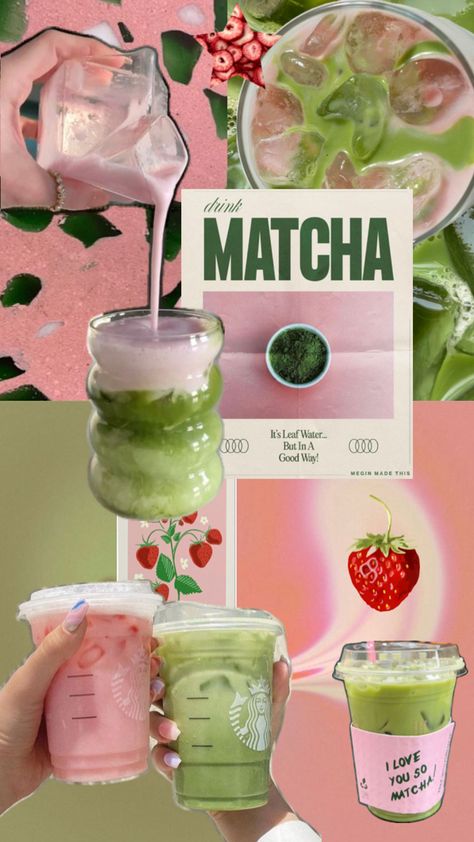 strawberry matcha aesthetic Food And Drink Wallpaper, Green Matcha, Fruit Drink Aesthetic, Matcha Room Aesthetic, Beverages Aesthetic, Drink Collage, Matcha Wallpaper Aesthetic, Matcha Moodboard, Strawberry Esthetics