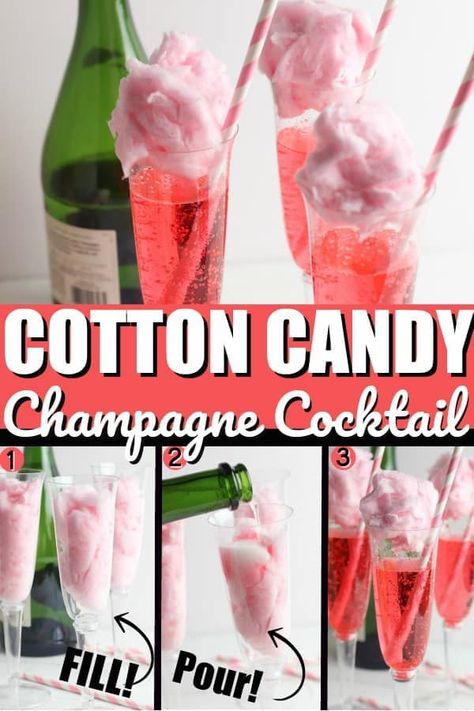 Wine With Cotton Candy, Cotton Candy Alcoholic Drink Recipes, Cotton Candy Cocktail Recipe, Cotton Candy Drinks Alcohol, Champagne And Cotton Candy, Fun Cocktail Recipes, Cranberry Champagne Cocktail, Cotton Candy Drinks, Cotton Candy Cocktail