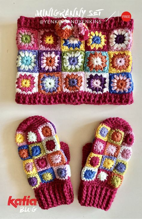 Crochet a mini granny squares matching set | Katia Designers Awards Mini Granny Squares Pattern, Crochet Mittens Granny Square, Crochet Granny Square Fingerless Gloves Free Pattern, Granny Square Mittens Free Pattern, Granny Square Fingerless Gloves Pattern, Mini Granny Square Projects, Mini Granny Square Pattern Free, Granny Square Crafts, Crochet Mini Granny Squares