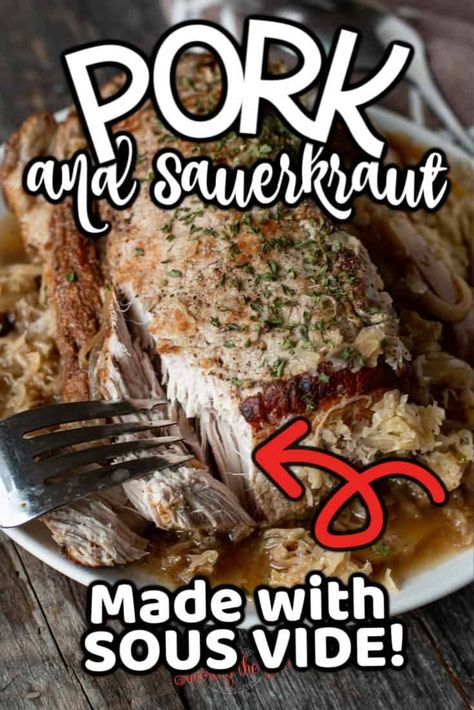 Our traditional New Year's meal is pork and sauerkraut and it is meant to bring good luck in the New Year. This sous vide pork and sauerkraut recipe is amazing because you can choose the doneness of the pork without over cooking it. New Year’s Day Pork And Sauerkraut, Pork And Sauerkraut Stovetop, Pork Loin And Sauerkraut In Oven, Pork And Sauerkraut Oven, Pork And Sauerkraut Crockpot, New Years Pork And Sauerkraut, Crockpot Pork And Sauerkraut, New Year's Meal, Pork And Sauerkraut Recipe