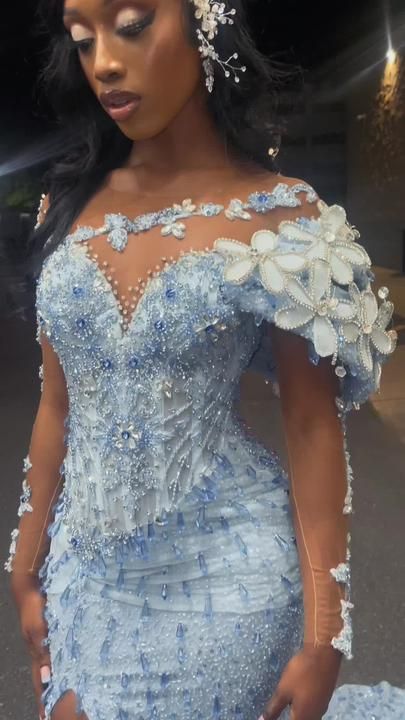 Nigerian Lace Styles Dress, Prom Inspiration, Light Blue Prom Dress, African Prom Dresses, Sparkly Prom Dresses, Gorgeous Prom Dresses, Blue Prom Dress, Prom Girl Dresses, Senior Prom Dresses