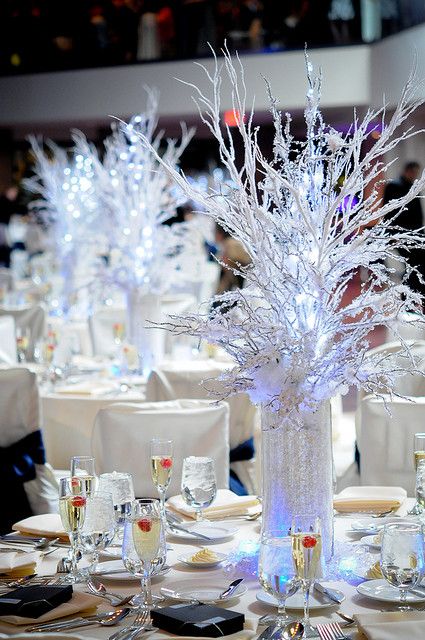 Winter Theme Centerpiece | Flickr - Photo Sharing! Branch Centerpieces Christmas, Winter Wonderland Wedding Centerpieces, Gala Centerpieces, Winter Wonderland Centerpieces, Winter Gala, Wonderland Party Decorations, Gala Themes, Winter Wonderland Decorations, Winter Wonderland Birthday