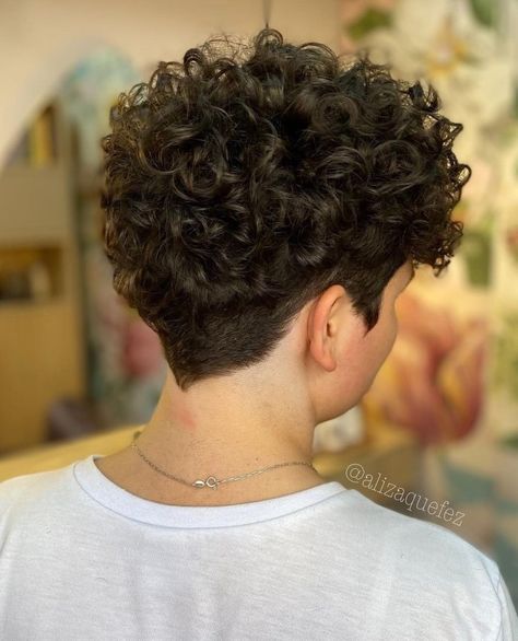 Curly Pixie with V-Cut Nape Fine Curly Pixie Haircut, Masculine Short Hairstyles For Women, Shaved Curly Hair, Graduation Haircut, Curly Bob Haircut, Short Curly Crochet Hair, Pixie Cut Curly Hair, Undercut Curly Hair, Short Curly Cuts