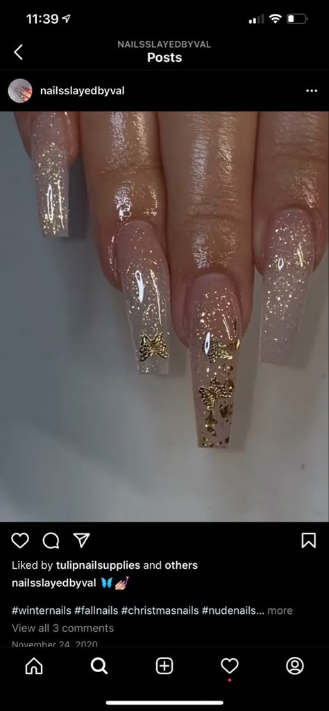 Gold Ballerina Nails, Nails To Go With Gold Dress Sparkle, Acrylic Nails For Gold Dress, Gold Nails Ideas Coffin, Acrylic Nails Coffin Sparkle, Coffin Acrylic Nails Gold, Party Acrylic Nails, Gold And Silver Acrylic Nails, Clear Gold Glitter Nails