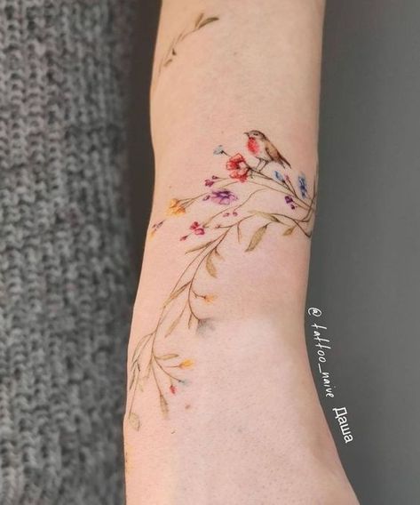 Mom Tattoos With Flowers, Flower Birds Tattoo, Femine Tattoo Arm, Beautiful Simple Tattoos For Women, Seasons Tattoo Changing, Arm Wrist Tattoos For Women, Real Flower Tattoo, White Watercolor Tattoo, Fine Line Color Tattoo