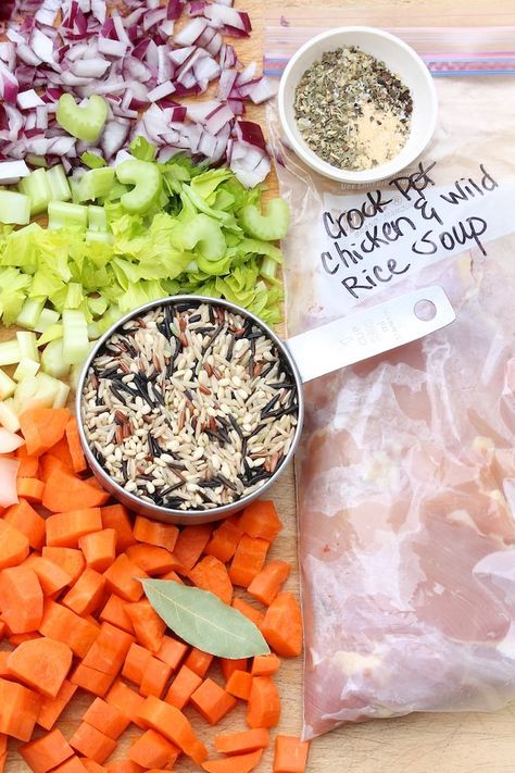 Crock Pot Chicken & Wild Rice Soup (with freezer bag option) – The Fountain Avenue Kitchen Wild Rice Soup Crockpot, Rice Soup Crockpot, Freezer Soups, Chicken Wild Rice, Chicken Freezer Meals, Freezer Dinners, Chicken Wild Rice Soup, Freezable Meals, Freezer Meal Planning