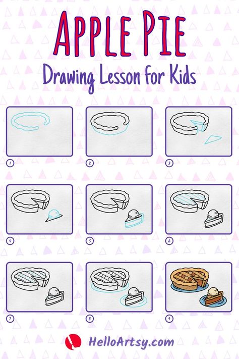 Step by step images demonstrating an how to draw an apple pie - A Drawing Tutorial for Beginners! Apple Pie Drawing Easy, How To Draw A Pie, Pie Drawing Easy, Apple Pie Drawing, Food Painting Ideas, Wonka Week, Draw An Apple, Pie Drawing, 2022 Drawing