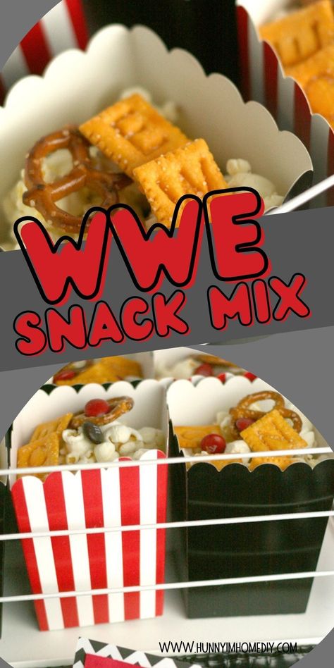 These WWE birthday party snacks are the perfect idea for your kids' wrestling party! They're a simple DIY food idea that works for a variety of themes, including Summer Slam, Wrestlemania, Money in the Bank, and John Cena! You can add food labels in front or use them as favors in goody bags. This 4 ingredient snack mix recipe is perfect for kids -- boys or girls! Wrestlemania Party Food, Wwe Party Food, Wwe Party, Wwe Birthday Party, Wwe Birthday, Birthday Party Snacks, Snack Mix Recipes, Snacks To Make, Food Labels