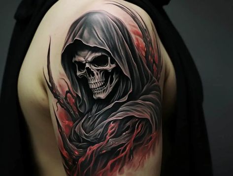 Grim Reaper Tattoo Female, Grim Reaper Tattoo Meaning, Grim Reaper Tattoos For Men, Grim Reaper Back Tattoo, Reaper Back Tattoo, Grim Reaper Sleeve Tattoo, Gream Reaper Tattoo, Grim Reaper Tattoo Stencil, Grim Reaper Tattoo Designs Drawings