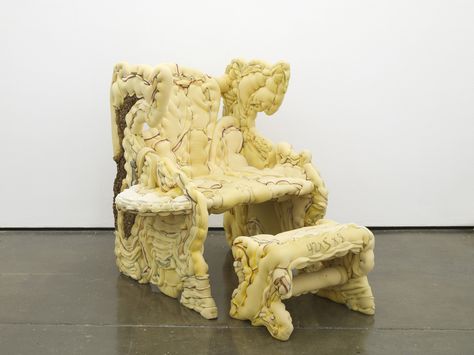 Jessie Reaves I You�’re There Again Armchair 2015 Plywood, polyurethane foam, sawdust, hardware, ink 109.2 x 101.6 x 78.7 cm / 43 x 40 x 31 in Furniture Installation Art, Ceramic Chair Sculpture, Jessi Reaves, Sculpture Chair, Sculptural Furniture Chairish, Polyurethane Foam Sculpture, Chair Sculpture, Foam Furniture, Michael Dean