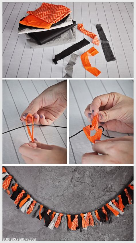 DIY Halloween Fabric Scrap Garland | Vicky Barone Scrap Garland, Diy Halloween Dekoration, Moldes Halloween, Halloween Decor Diy, Halloween Fest, Diy Halloween Decor, Adornos Halloween, Halloween Tattoo, Halloween Prop