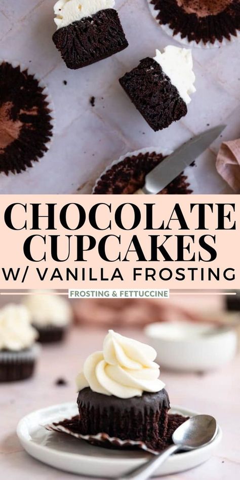 These Easy Chocolate Cupcakes with Vanilla Frosting makes 12 perfect cupcakes for any occasion! They are simple to make from scratch and taste delicious with a fluffy homemade vanilla frosting. Whether you are celebrating a birthday, anniversary, or just want something special for your family dinner, these cupcakes will not disappoint! Vanilla Icing Recipe, Easy Chocolate Cupcakes, Homemade Vanilla Frosting, Easy Chocolate Cupcake Recipe, Frosting For Chocolate Cupcakes, Best Frosting Recipe, Homemade Vanilla Cupcakes, Homemade Chocolate Cupcakes, Homemade Cupcake Recipes