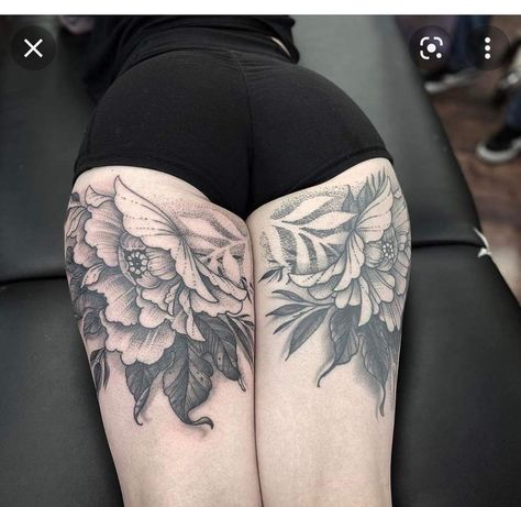 Tattoo Behind Thigh, Matching Thigh Tattoos, Inner Thigh Tattoo, Inner Thigh Tattoos, Thigh Tats, Grunge Tattoos, Back Of Thigh Tattoo, Thigh Piece Tattoos, Back Of Leg Tattoos