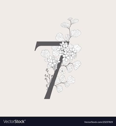 Number With Flowers Tattoo, Tattoo 7 Number Design, Number And Flower Tattoo, Numbers With Flowers Tattoo, Flower And Number Tattoo, Floral Number Tattoo, 21 Tattoo Number Design, Seven Tattoo Number, Number Tattoo With Flowers