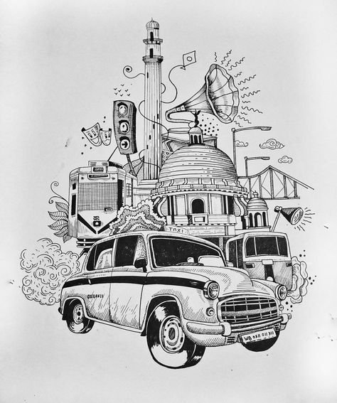 Lucknow Illustration Art, Kolkata Drawing Sketch, Kolkata Illustration Art, Kolkata Doodle Art, Kolkata Drawing, Kolkata Sketch, Kolkata Illustration, Kolkata City Drawing, Micron Pen Art