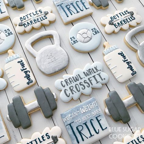 One Strong Baby Birthday Theme, Gym Baby Shower Theme, Crossfit Gender Reveal Ideas, Dumbbell Cookies, One Strong Baby Birthday, Crossfit Baby Shower Ideas, Gym Birthday Party Ideas, Crossfit Baby, Baby Boy Birthday Themes