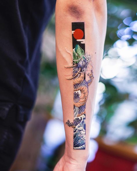 Creative Forearm Tattoos For Men, Japanese Frame Tattoo, Blue Tattoo Men, Chinese Hand Tattoos, Frame Tattoo Ideas, Back Arm Tattoo For Men, Framed Tattoo Ideas, Men’s Forearm Tattoos, Chinese Tattoo Ideas