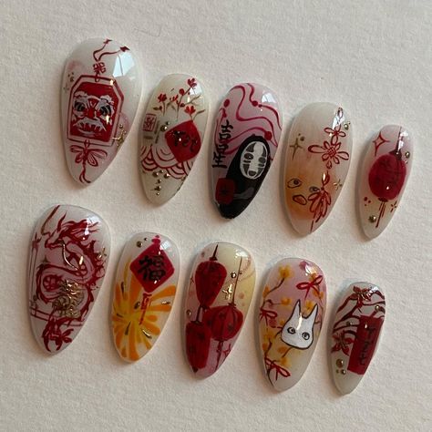 press on nails • nail design art | custom set ; studio ghibli x cny all hand drawn and hand written 😛😛 SGD145 | Instagram Cny Nail Art, Ghibli Nails, Feb Nails, Japan Nail Art, Disneyland Nails, Japan Nail, Asian Nails, Nail Art Studio, Anime Nails