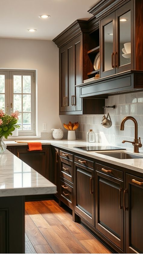 Modern kitchen with dark wood cabinets, white countertops, and stainless steel fixtures. Dark Wood Stained Kitchen Cabinets, Kitchen Ideas Dark Wood, Dark Wood Kitchen Ideas, Dark Wood Floor Kitchen, Dark Stained Kitchen Cabinets, Wood Stained Kitchen Cabinets, Dark Wood Kitchen, Wood Kitchen Ideas, Kitchen Paint Ideas