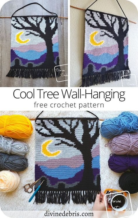 Learn to make the fun, spooky, and colorful Cool Tree Wall-Hanging from a easy graph available for free on DivineDebris.com Crochet Wall Art, Crochet Wall Hangings, Tapestry Crochet Patterns, Stitch Crochet, Crochet Tapestry, Halloween Crochet, Tapestry Crochet, Bag Crochet, Free Crochet Patterns