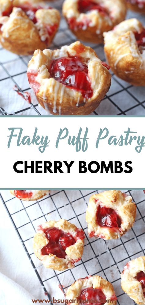 Satisfy your sweet cravings with our irresistible Flaky Puff Pastry Cherry Bombs. Made with a light and flaky pastry shell and a sweet and tangy cherry filling, these mini pastries are the perfect treat for any time of day. Irresistible Cream And Berry-filled Pastry Balls, Dessert With Puff Pastry Easy, Puff Pastry Cupcake Pan, Berry Turnovers Puff Pastries, Fruit Filled Puff Pastry, Puff Pastry Shell Dessert, Strawberry Desserts Puff Pastry, Cherry Cheesecake Puff Pastry, Cherry Danish Puff Pastry