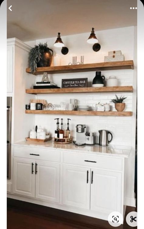 Corner Bar Ideas For Home, Coffee Cupboard, Kaffe Station, Kitchen Coffee Bar, Country Property, Kitchen Floating Shelves, Beverage Station, Coffee Bar Ideas, House Redo