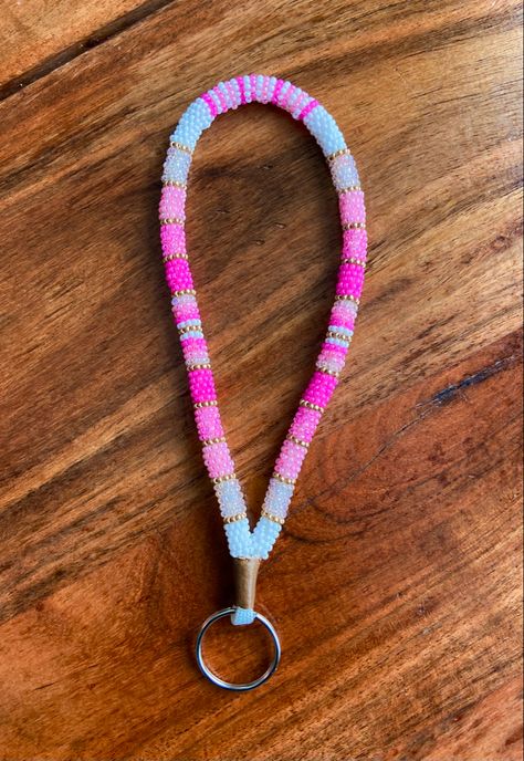 Lanyard Beading Patterns, Pink Beaded Lanyard, Beaded Wristlet Keychain Native, Beaded Lanyard Patterns, Rope Beading, Beaded Keychains Patterns, Lanyard Ideas, Wristlet Lanyard, Wristlet Patterns